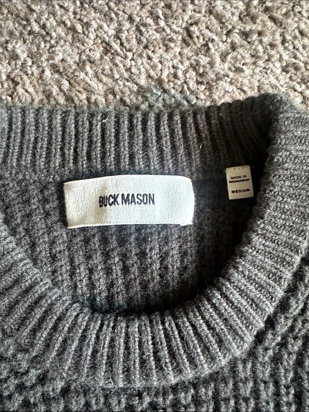 Buck Mason Dark Green Waffle Knit Wool/Cashmere Herdsman Crewneck Sweater - Picture 2 of 6